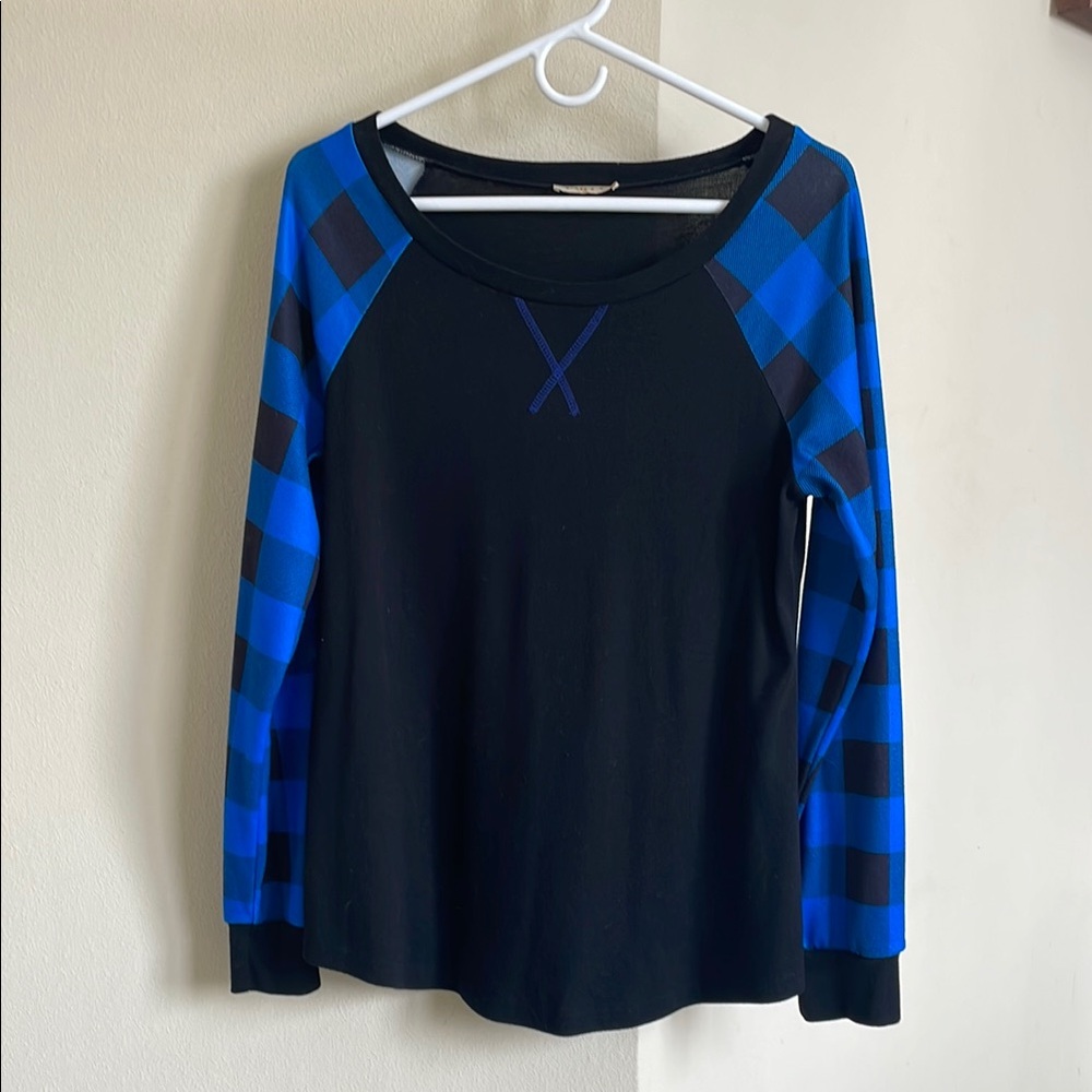Chic Black Top with Blue Plaid Sleeves